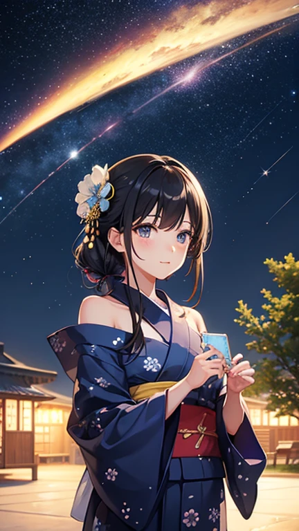 Landscape Photography、wallpaper、Starry Sky、Meteorilky way、Yukata Girls、Off the shoulder