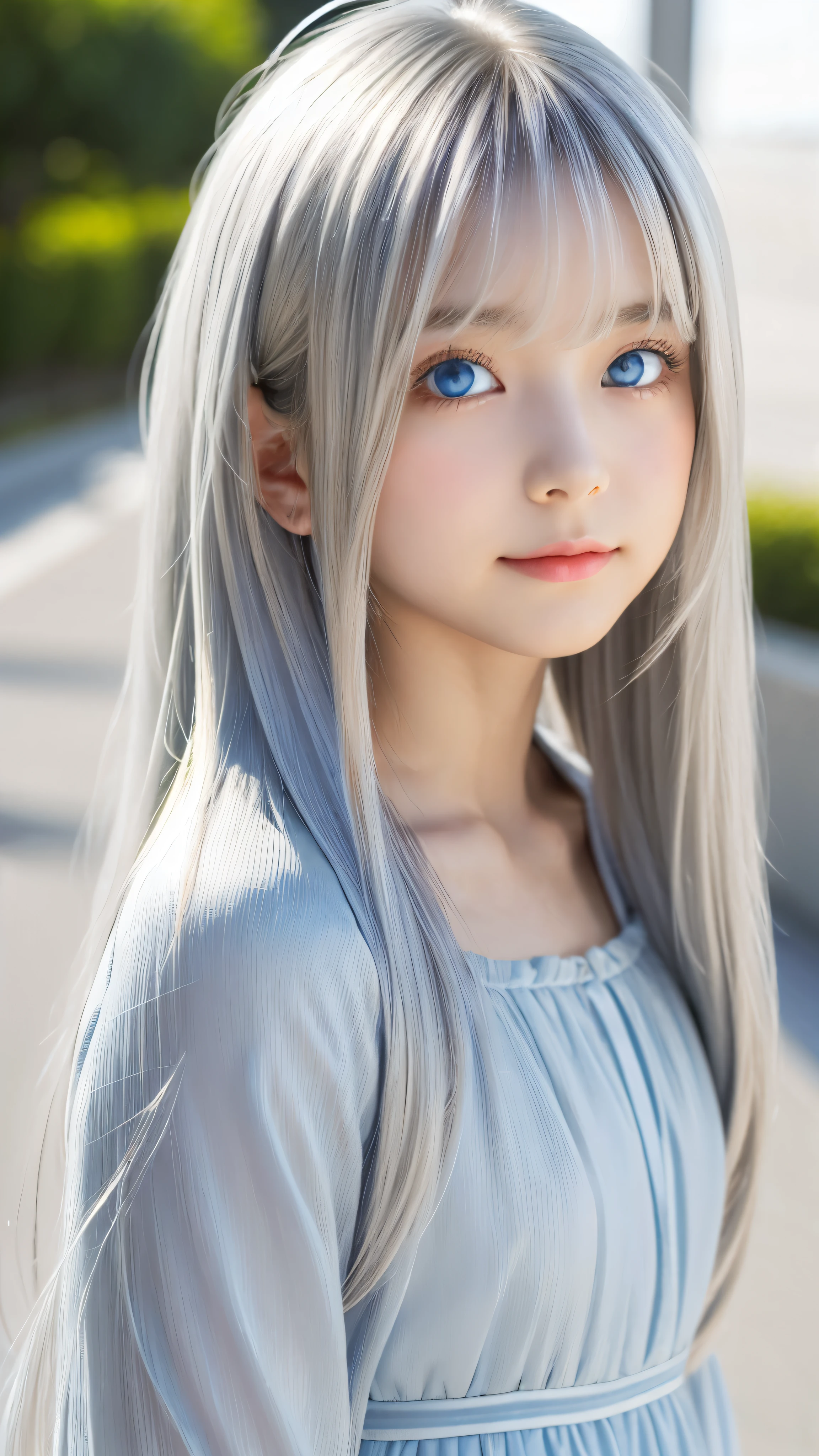 Shining, clear, white skin、Her windblown silver hair hides her beautiful face.、huge、28 years old cute sexy little beautiful face、Beautiful straight hair that stands out、growing up, Sparkling light blue eyes、long silky bangs that cover cute eyes, Sexy and cute young woman with super long hair hiding her sexy face、Shining silver hair