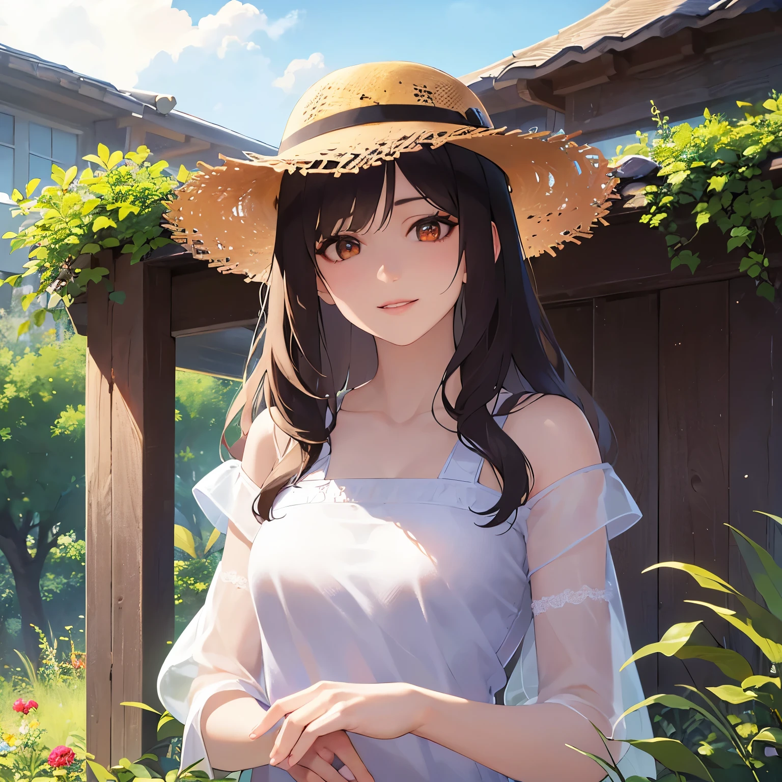 The background is a clothing store、Upper Body, Realistic, real person, (pale skin: 1.2), RAW photo, photorealistic, portrait photography, shiny skin, shiny hair、(A 25-year-old woman with medium-length hair and bangs) and (wavy hair) and (brown hair) and (orange eyes) ,White off-shoulder blouse、Straw hat、smile、Alone、Are standing