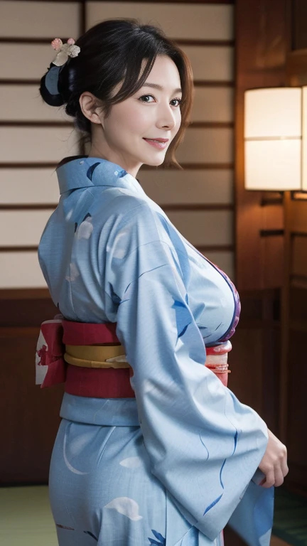 Mature attractive sexy woman,50 years old, ((kimono)),(((kimono))),Shut,((Big Breasts:1.2)),(Facial wrinkles:1.3),light makeup,Light brown hair,Long Hair,(Full body photography:0.85),(Emphasize big buttocks),8k, RAW Photos, highest quality, Laughter,masterpiece,highest quality、A gentle smile、A gaze that seduces viewers、Random hairstyle、Japanese-style room、Shoji screen、