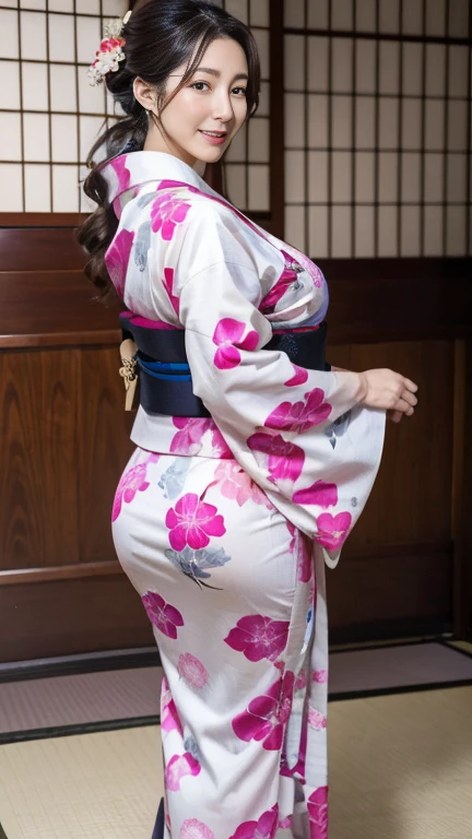 Mature attractive sexy woman,50 years old, ((kimono)),(((kimono))),Shut,((Big Breasts:1.2)),(Facial wrinkles:1.3),light makeup,Light brown hair,Long Hair,(Full body photography:0.85),(Emphasize big buttocks),8k, RAW Photos, highest quality, Laughter,masterpiece,highest quality、A gentle smile、A gaze that seduces viewers、Random hairstyle、Japanese-style room、Shoji screen、