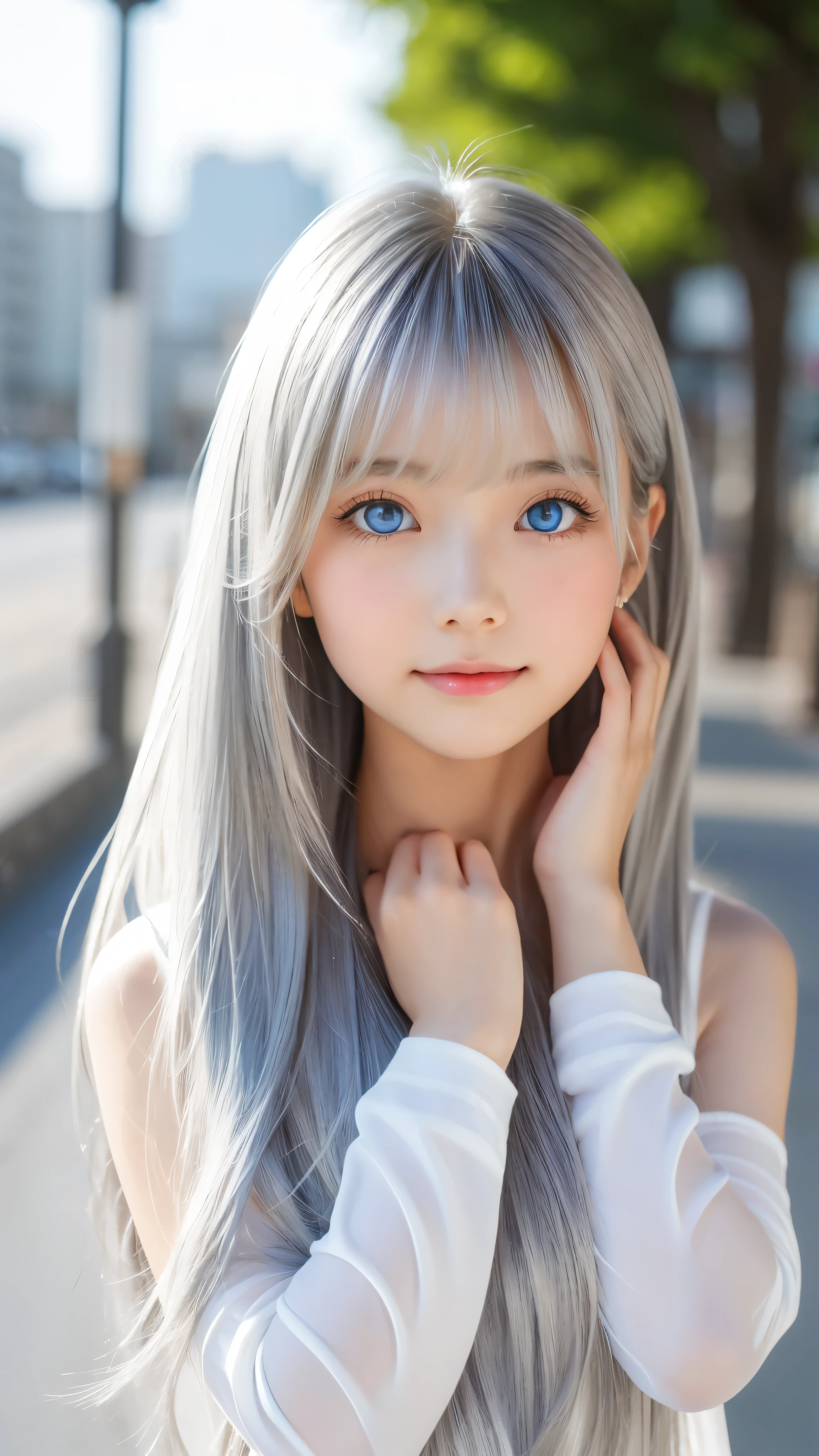 Shining, clear, white skin、Her windblown silver hair hides her beautiful face.、huge、28 years old cute sexy little beautiful face、Beautiful straight hair that stands out、growing up, Sparkling light blue eyes、long silky bangs that cover cute eyes, Sexy and cute young woman with super long hair hiding her sexy face、Shining silver hair