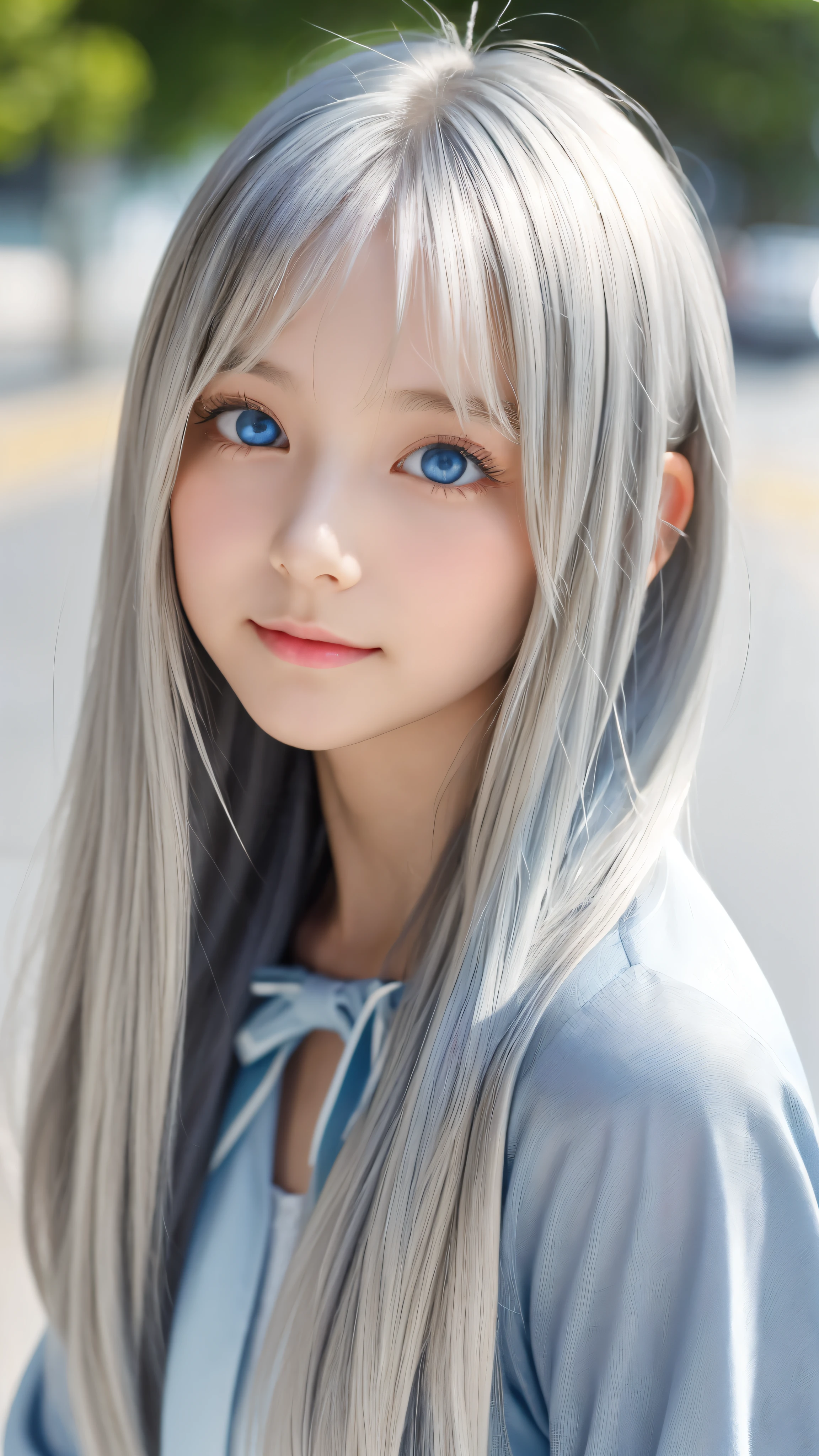 Shining, clear, white skin、Her windblown silver hair hides her beautiful face.、huge、28 years old cute sexy little beautiful face、Beautiful straight hair that stands out、growing up, Sparkling light blue eyes、long silky bangs that cover cute eyes, Sexy and cute young woman with super long hair hiding her sexy face、Shining silver hair