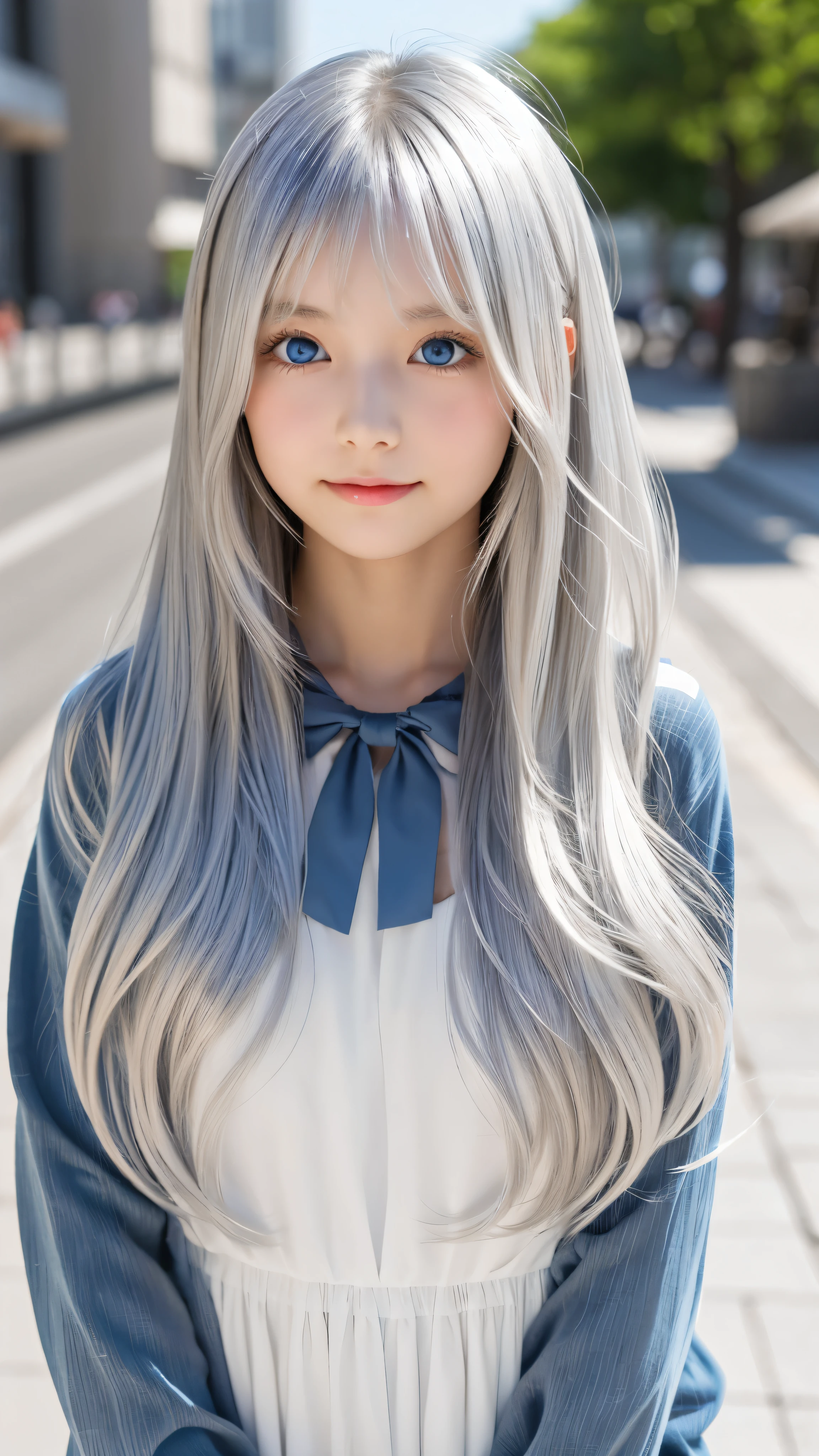 Shining, clear, white skin、Her windblown silver hair hides her beautiful face.、huge、28 years old cute sexy little beautiful face、Beautiful straight hair that stands out、growing up, Sparkling light blue eyes、long silky bangs that cover cute eyes, Sexy and cute young woman with super long hair hiding her sexy face、Shining silver hair