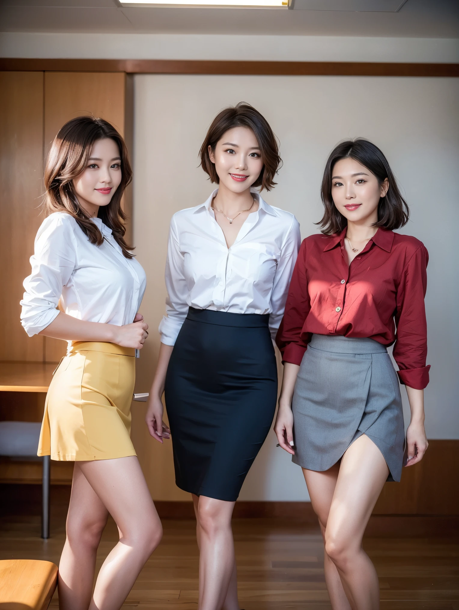 (highest quality, masterpiece, Realistic, Very detailed, Ultra-high resolution, to be born:1.3), (Three Girls:1.5), beautiful, Japanese women, Mature Woman, 38 years old, 最新式のoffice、office workers, (Close bonds, Knee-length skirt), ({money| Silver| wine-red| navy| pink| Yellow green| violet| Sky blue} Clothes), (smile), (Short black hair)、Bob Hair, necklace, (office, indoor, Glass Room), ( Black pumps:1.2), (whole body:1.2), (D cup breasts:1.3), (crowd)、(Meaty legs:1.3)、(Standard body shape:1.4)、D cup breasts、Formal Business Jacket、Knee-length pencil skirt、white ruffle blouse、red lipstick、真珠のnecklace、