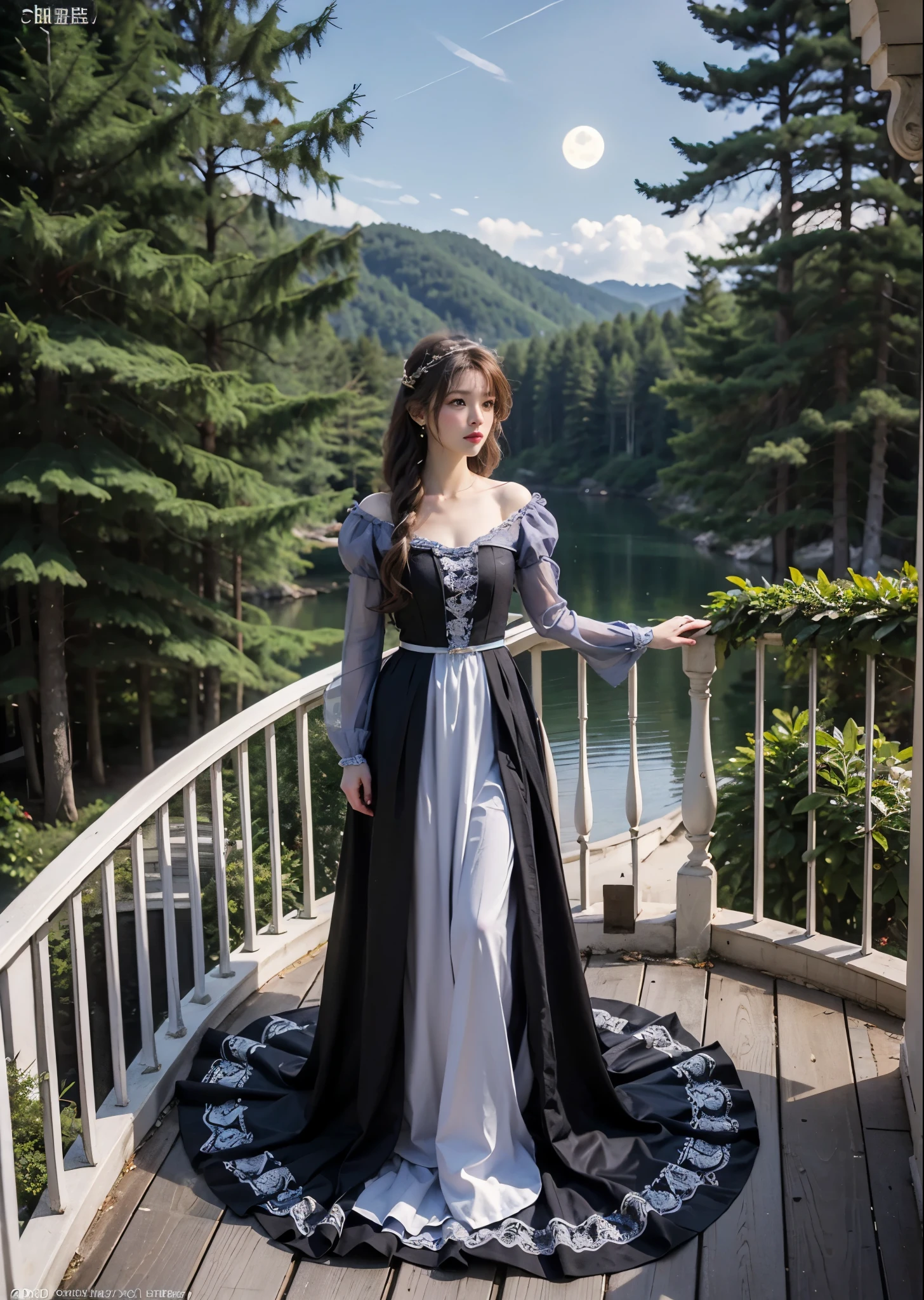 Standing on the balcony of a Western castle1People Women、A pretty girl like Rapunzel、Wearing a princess dress、Forests and rivers below、Full body photo、Moonlit Night、masterpiece、highest quality、Very detailed、Official Art