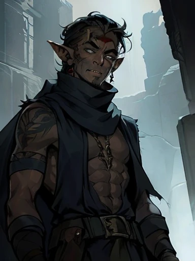 Concept ART, Human Male Young ager , pointer Elf ears,face Tattoo , blue pupils  ,Black hair , red Torn Scarf , Bandage ,Ancient dark magic , Handsome guy , poses