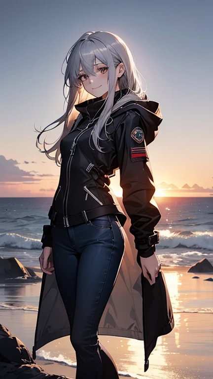 (Confused, High resolution, Very detailed), 1 female, Silver Hair,Long Hair,Reddish brown eyes,boots,Wearing a hood,navy long coat,Skinny jeans,Black and white pilot suit,,Small breasts,24-years-old,Beautiful woman,Adult female,,thin,quiet,Calm,A small smile,Coast at dawn
