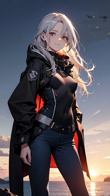 (Confused, High resolution, Very detailed), 1 female, Silver Hair,Long Hair,Reddish brown eyes,boots,Wearing a hood,Navy Long Coat,Skinny jeans,Black and white pilot suit,,Small breasts,24-years-old,Beautiful woman,Adult female,,thin,quiet,Calm,A small smile,Coast at dawn
