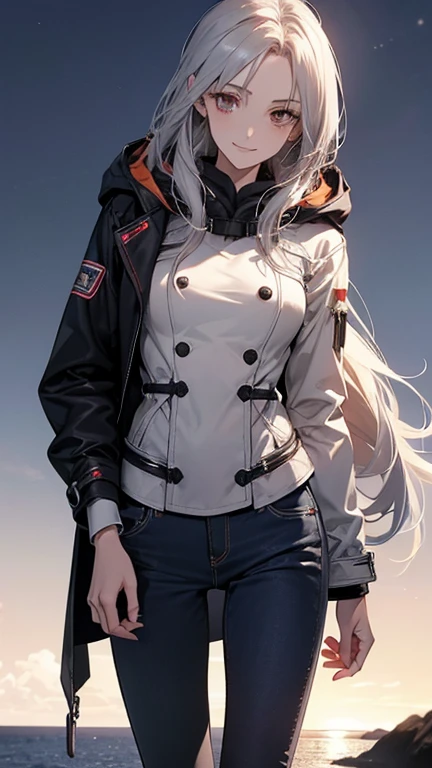 (Confused, High resolution, Very detailed), 1 female, Silver Hair,Long Hair,Reddish brown eyes,boots,Wearing a hood,Navy Long Coat,Skinny jeans,Black and white pilot suit,,Small breasts,24-years-old,Beautiful woman,Adult female,,thin,quiet,Calm,A small smile,Coast at dawn