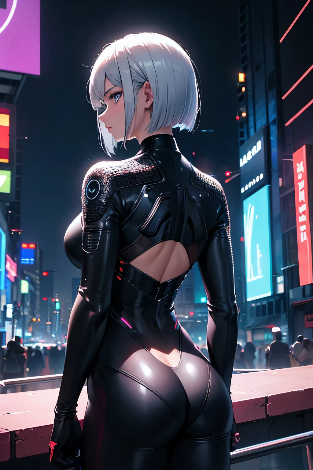 Hyperrealism, Verism, cinematic lighting, reflection light, tachi-e, cowboy shot, UHD, ((masterpiece)), ((best quality)), highres, (textured skin), 8k, Near future city, neon sign, cyberpunk city, back, looking back, profile, beautiful woman looking back, bodysuit, silver hair, medium hair, bob cut, night city,
