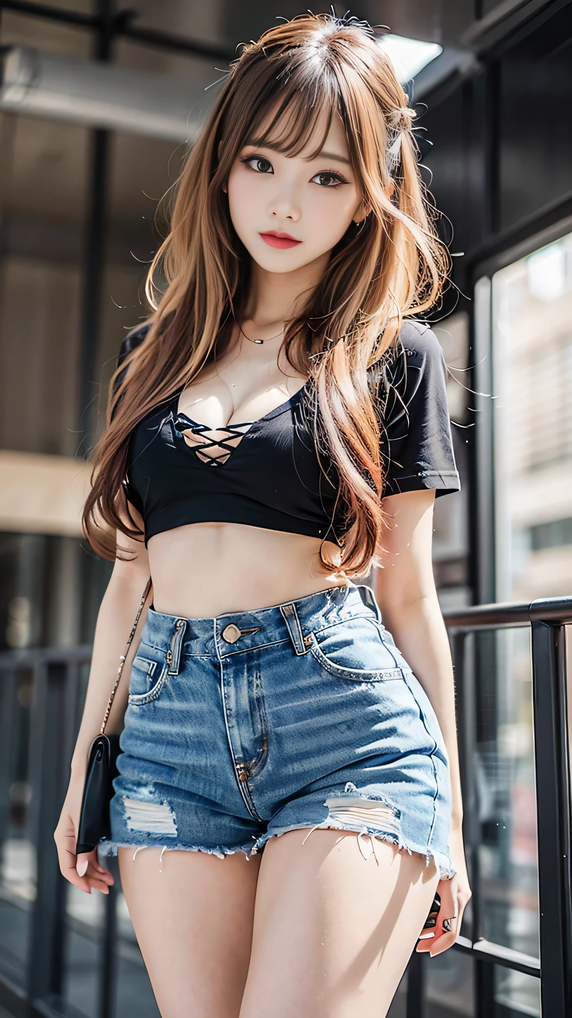 (masterpiece), (highest quality), (High resolution), detailed, (Complex detailed 1.2), (Hyper detailed 1.4), (Gorgeous Digital Art 1.2), Absurd, One girl, Small breasts, teeth, hair ornaments, alone, Pink Hair, (Black Shirt:1.3), jeans, (station:1.2) running, Thighs, Short Stack,