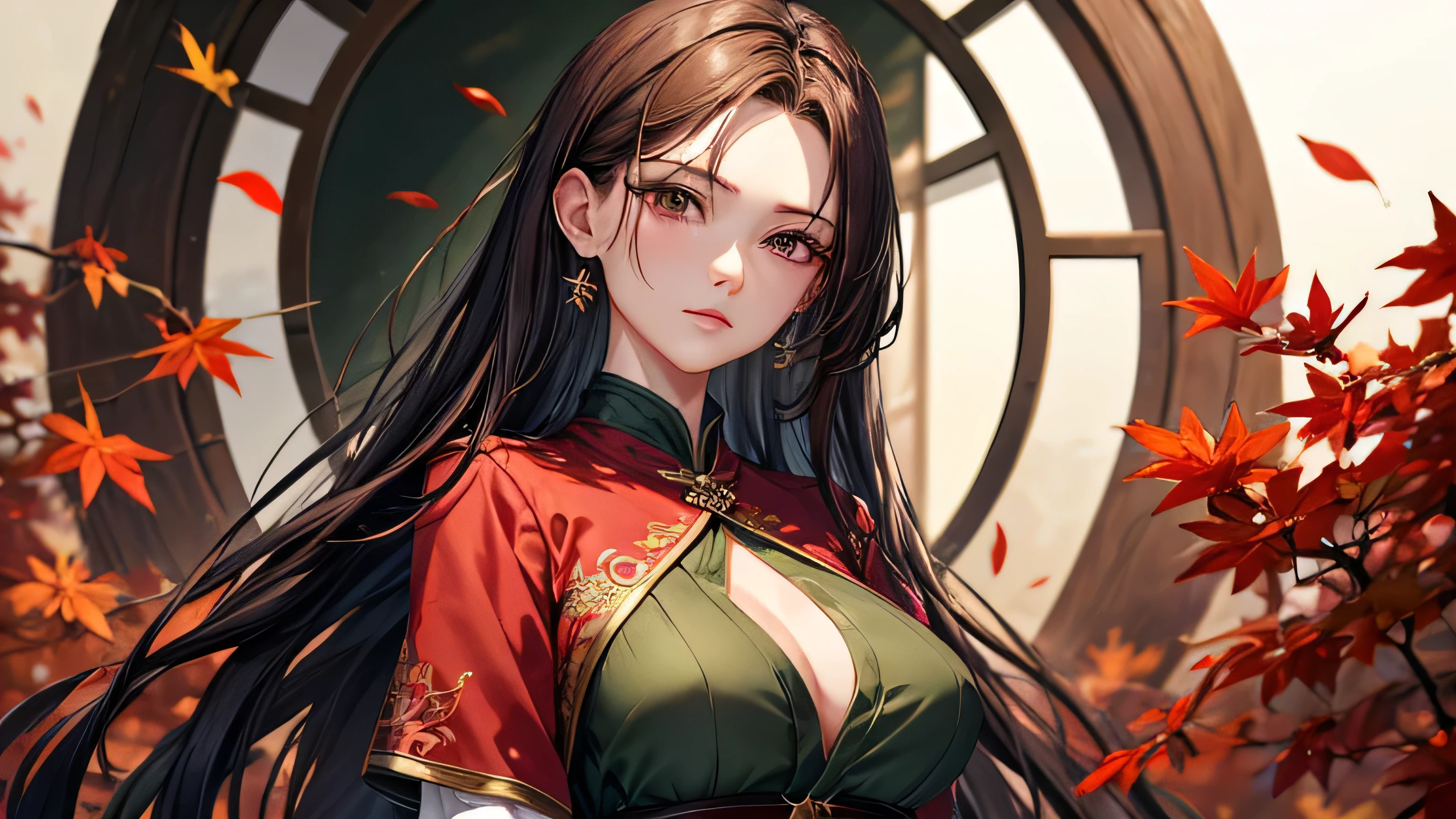 Depicts only one woman A chic outfit based on deep red and olive green。The design features fallen leaves and autumn fruits.、I feel intelligence and calmness。Perfect and detailed facial expression Perfect and detailed eye depiction Perfect and detailed hair Perfectly detailed upper body Perfect and detailed breast depiction Perfect and detailed depiction of the chest T-shirt