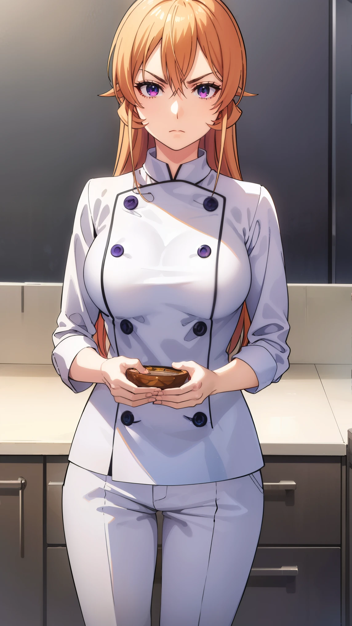 erinanakiri, erina nakiri, long hair, orange hair, (purple eyes:1.1), hair between eyes, frown, angry,
BREAK pants, white pants, chef, long sleeves, sleeves rolled up,
BREAK indoors, kitchen,
BREAK looking at viewer, (cowboy shot:1.5),
BREAK (masterpiece:1.2), best quality, high resolution, unity 8k wallpaper, (illustration:0.8), (beautiful detailed eyes:1.6), extremely detailed face, perfect lighting, extremely detailed CG, (perfect hands, perfect anatomy),