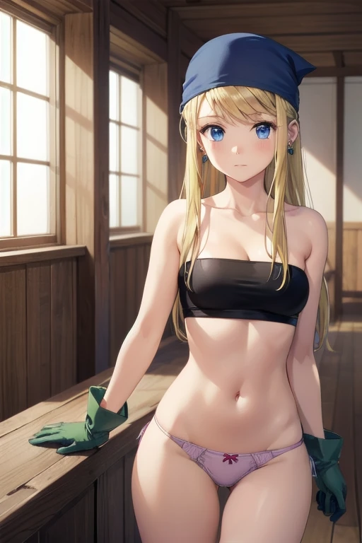 (((Pixel Perfect, Perfect detail))), ((alone, 1 girl)), winry rockbell, blue eyes, blonde hair, gloves, navel, cleavage, bare shoulders, collarbone, earrings, midriff, pants, stomach, bare arms, strapless, bandana, bandeau, tube top, grey gloves, (showing panties:1.3), ((showing panties)), upper body, indoor