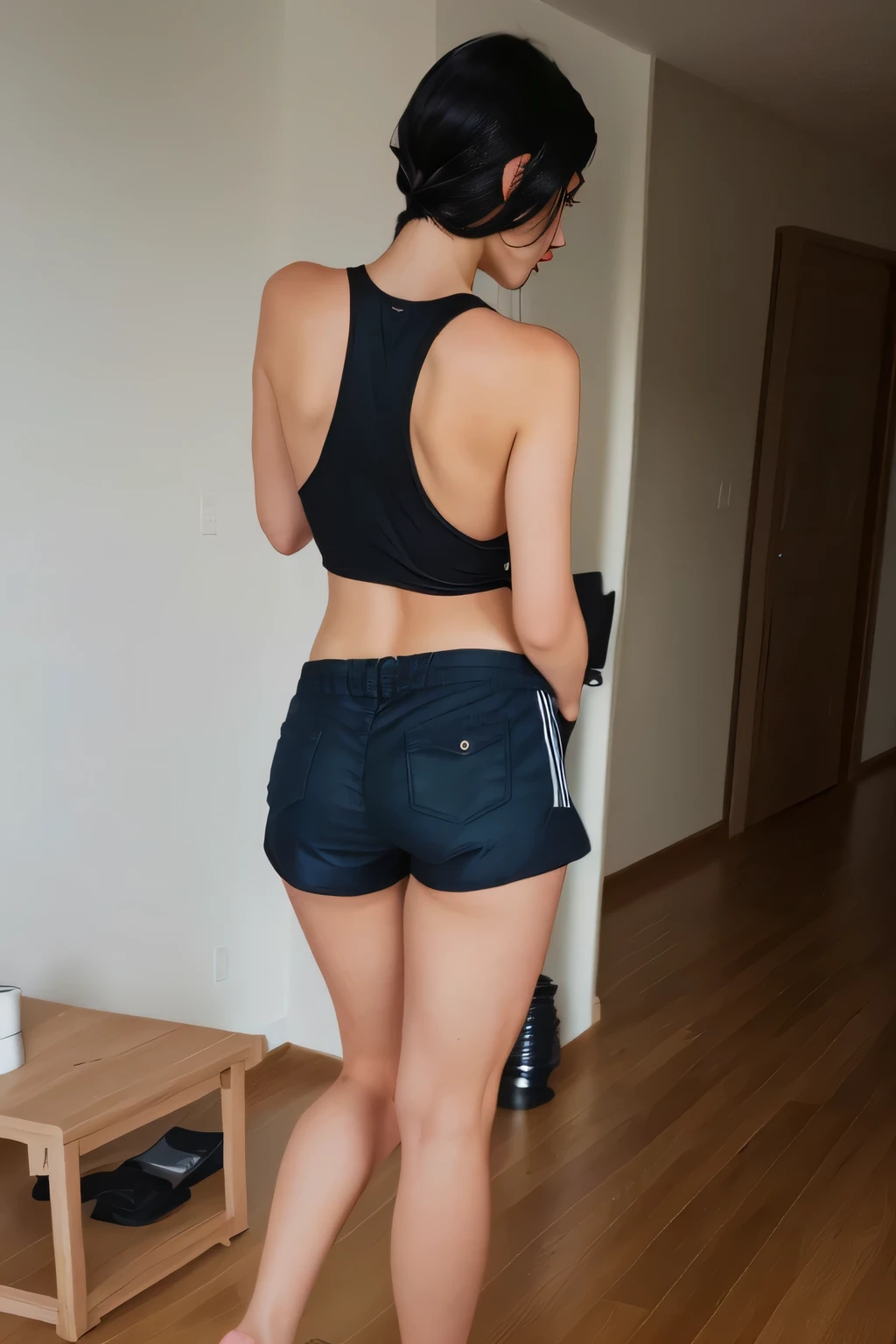 A beautiful light brunette woman, black hair, black tank top and blue shorts playing Wii in the living room, attacking the camera: 4, photo of legs and hips, photo taken from behind, side view of her taking steps. (ultra quality masterpiece) with toned body, 35 years old, 1.62 tall, 60 kg, best quality, perfect face, perfect mouth, perfect hands, (((black hair))), is standing, ( full body) wearing a tank top (((black top)) )), short blue shorts (((short dark blue shorts)))), dark brown hair, short dark blue shorts for gym training, tanned body, sexy pose , shapely legs, well defined, high contrast, Ultra HD, high contrast, 16K. photorealistic, detailed and realistic hands, 5 fingers per hand, alone, dark hair, green thong bikini, full body photo, clear and high quality photo. Beautiful woman, extremely sexy, very sensual. Masterpiece: 1.3, high resolution, (photographically realistic), 8k, NUDE, NUDITY, NFSW.