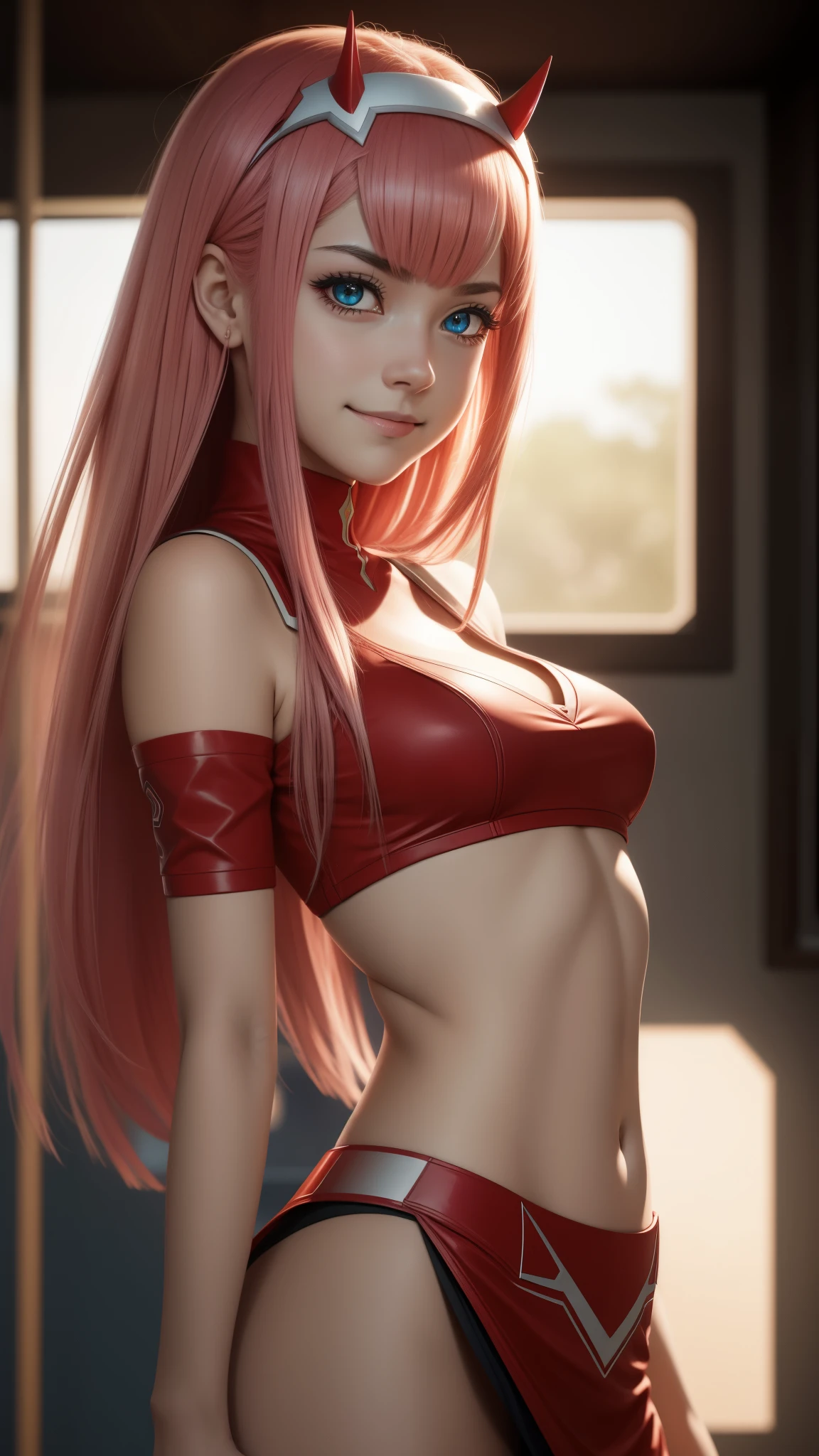 ((Zero Two Darling en el Franxx)), 8k, Obra maestra, Smile at the camera, La mejor calidad, fotorrealista, Ultra detallado, 1 girl, textura realista de la piel, senos grandes, Mira hacia el espectador, , Camiseta suelta de medio corte,, Underboobs, debajo de los senos, Micro mini falda, , movie lighting, Enfoque facial, Ojos finos, Cara detallada, Cara bien iluminada, Rayos de sol, Bailar en un ambiente ciberpunk, Low-angle shot, Vista desde abajo