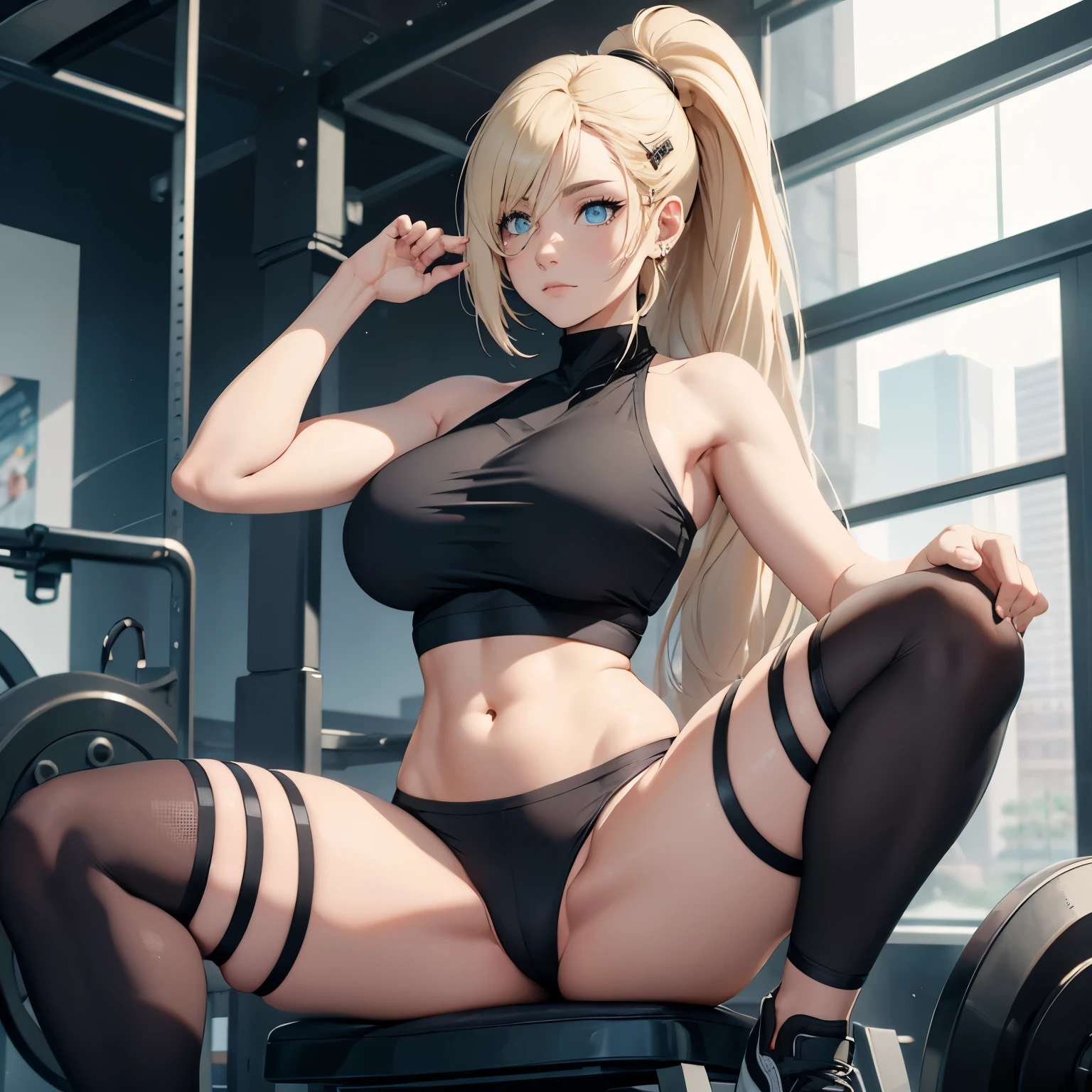 (masterpiece), anime, Best quality, good anatomy, one girl, ( Spread your legs), blue eyes, Big breasts, realistic face, gloomy face, Looking down, blonde hair, ponytail, hair covers the left eye:1, navel ,bare shoulders, tight black top, black pants, tall legs, beautiful legs, gym, Reflectors, 8K masterpiece, super detail, film movie, best quality, best ditails, detailed face, detailed eyes, camera from bellow