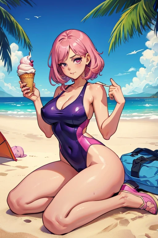 A pink haired woman with violet eyes with an hourglass figure in a cute one piece swimsuit is eating ice cream on the beach