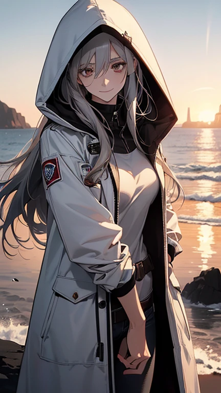 (Confused, High resolution, Very detailed), 1 female, Silver Hair,Long Hair,Reddish brown eyes,boots,Wearing a hood,White long coat,Skinny jeans,Black and white pilot suit,,Small ,26 years old,Beautiful woman,Adult female,,thin,quiet,Calm,shy little smile,Coast at dawn