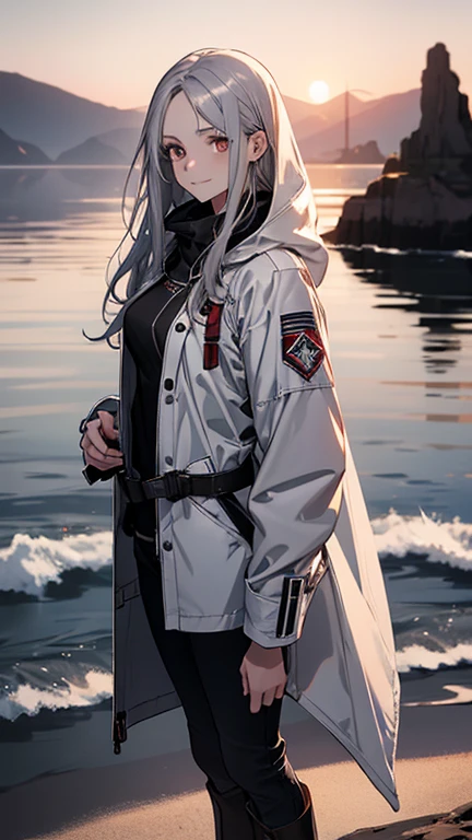(Confused, High resolution, Very detailed), 1 female, Silver Hair,Long Hair,Reddish brown eyes,boots,Wearing a hood,White long coat,Skinny jeans,Black and white pilot suit,,Small breasts,26 years old,Beautiful woman,Adult female,,thin,quiet,Calm,shy little smile,Coast at dawn