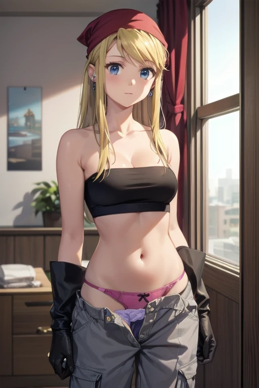 (((Pixel Perfect, Perfect detail))), ((alone, 1 girl)), winry rockbell, blue eyes, blonde hair, gloves, navel, cleavage, bare shoulders, collarbone, earrings, midriff, pants, stomach, bare arms, strapless, bandana, bandeau, tube top, grey gloves, (showing panties:1.3), ((showing panties)), upper body, indoor