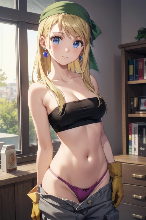 (((Pixel Perfect, Perfect detail))), ((alone, 1 girl)), winry rockbell, blue eyes, blonde hair, gloves, navel, cleavage, bare shoulders, collarbone, earrings, midriff, pants, stomach, bare arms, strapless, bandana, bandeau, tube top, grey gloves, (showing panties:1.3), ((showing panties)), upper body, indoor