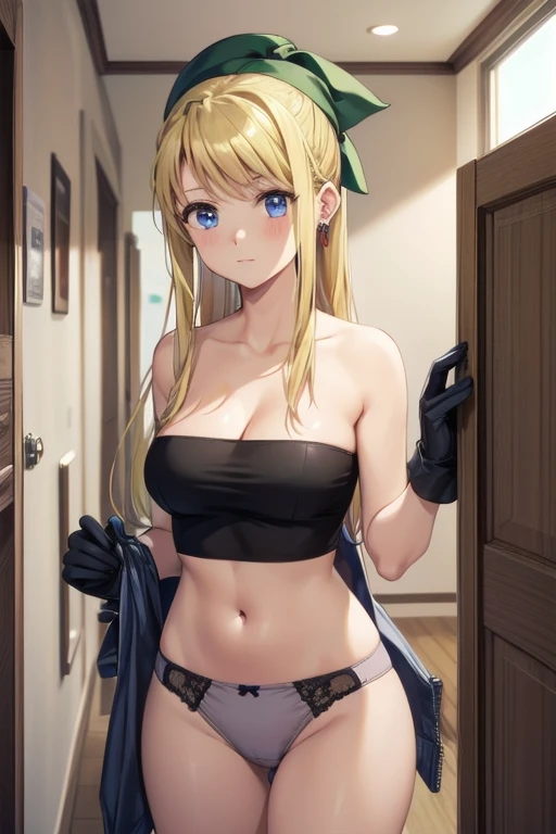 (((Pixel Perfect, Perfect detail))), ((alone, 1 girl)), winry rockbell, blue eyes, blonde hair, gloves, navel, cleavage, bare shoulders, collarbone, earrings, midriff, pants, stomach, bare arms, strapless, bandana, bandeau, tube top, grey gloves, (showing panties:1.3), ((showing panties)), upper body, indoor
