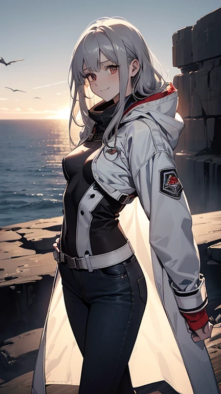 (Confused, High resolution, Very detailed), 1 female, Silver Hair,Long Hair,Reddish brown eyes,boots,Wearing a hood,White long coat,Skinny jeans,Black and white pilot suit,,Small breasts,26 years old,Beautiful woman,Adult female,,thin,quiet,Calm,shy little smile,Coast at dawn