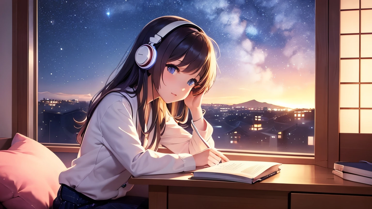 Beautiful girl studying in her room while listening to music with headphones,Outside the window is a starry sky,Beautiful night sky,Japanese anime style