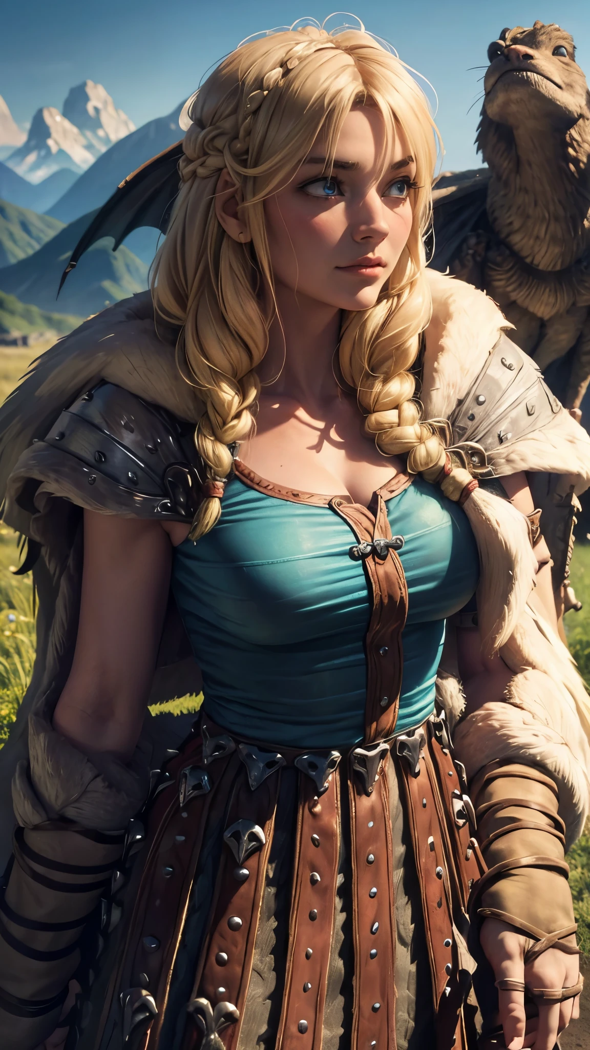 cleavage,(best quality,4k,8k,highres,masterpiece:1.2),ultra-detailed,(realistic,photorealistic,photo-realistic:1.37),long, wavy blonde hair, strikingly beautiful face with bright blue eyes, delicate eyebrows, high cheekbones, button nose, full and rosy lips, slender and athletic built, wearing a Viking-inspired outfit with a leather vest, fur-lined cape, and a long skirt, holding a dragon-themed staff with intricate carvings, standing confidently with one foot forward and a determined expression, surrounded by a stunning landscape of lush green meadows, towering mountains, and a clear blue sky, sunlight casting a warm golden glow on Astrid and the surroundings, capturing the adventurous spirit and strength of Astrid as she looks towards the horizon, ready to embark on a new dragon-training journey.