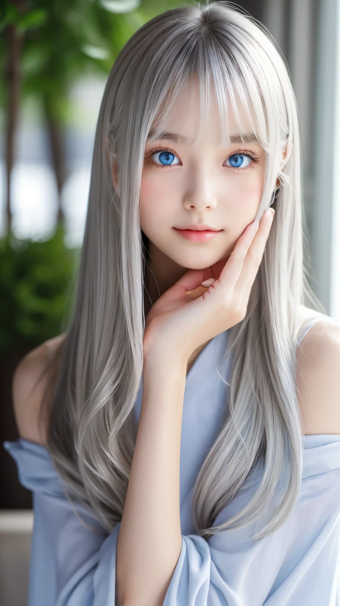 Shining, clear, white skin、Her windblown silver hair hides her beautiful face.、huge、28 years old cute sexy little beautiful face、Beautiful straight hair that stands out、growing up, Sparkling light blue eyes、long silky bangs that cover cute eyes, Sexy and cute young woman with super long hair hiding her sexy face、Shining silver hair