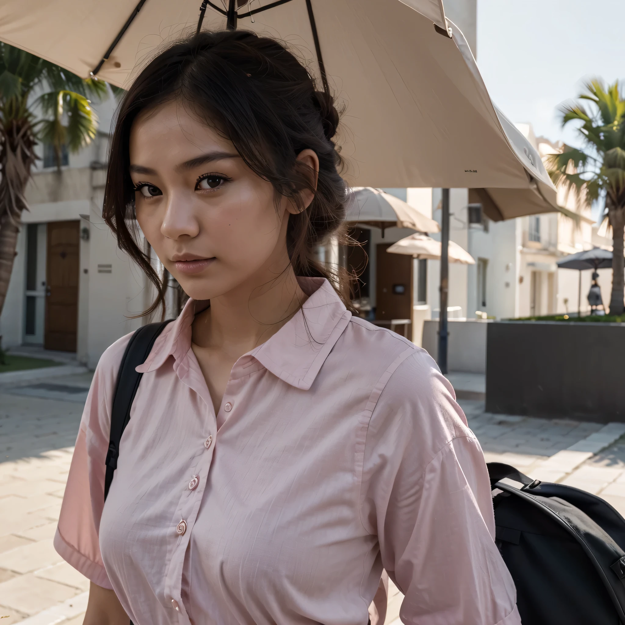 1 asian women , best quality, Ultra-detailed, sur la plage, (jour), nature, joyeux, En regardant la mer, heureux, backpack, chapeau de plage, pink shirt with closed sleeves, ombres, contraste, Ciel clair, style, (teinte chaude, ton chaud: 1.2), fermer, cinematic light, side lighting, Ultra haute résolution, meilleure ombre, BRUT, partie du visage du corps, Serious look, seins normaux, 4k,