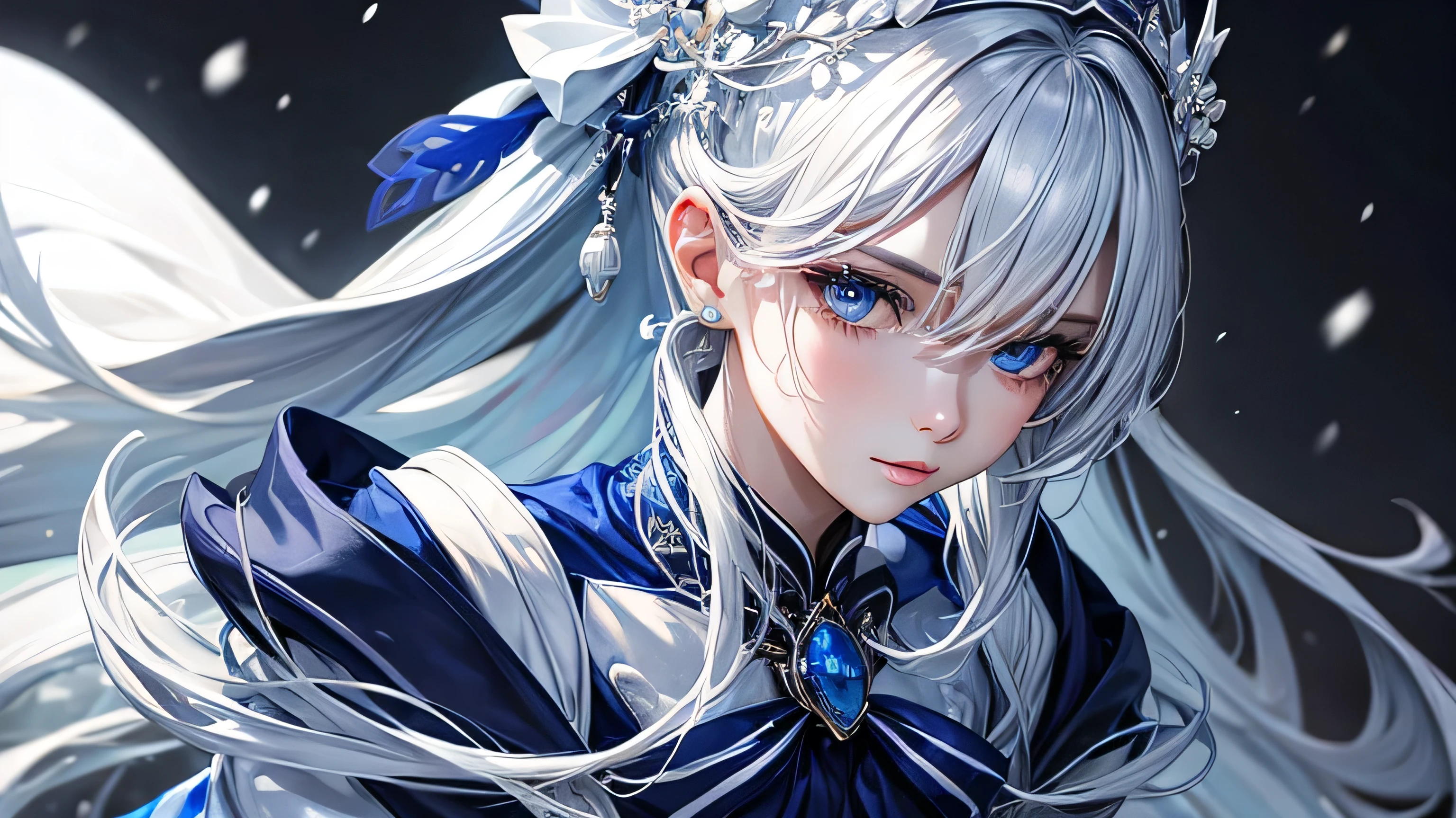 Depicts only one woman Cool and mysterious personality、She is wearing an elegant outfit with navy blue and white as the main colors.。The design is based on snow and ice.、Nobility and beauty stand out。Perfect and detailed facial expression Perfect and detailed eye depiction Perfect and detailed hair Perfectly detailed upper body Perfect and detailed breast depiction Perfect and detailed depiction of the chest T-shirt
