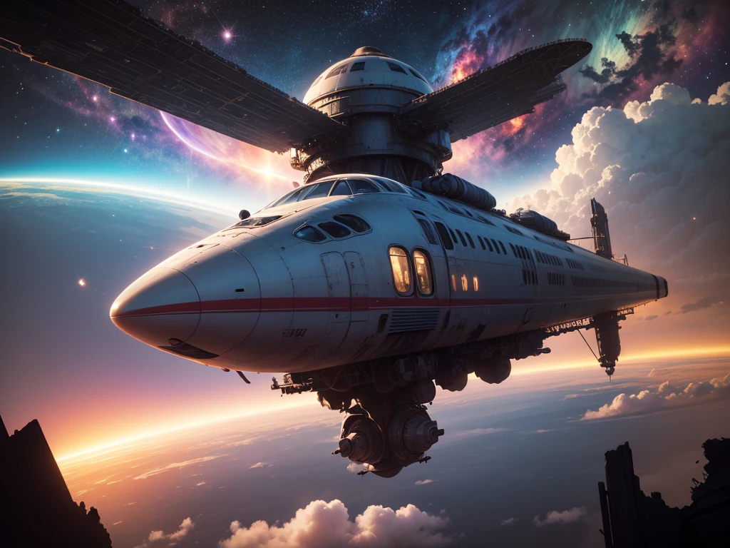 A spaceship like a train flies over a planet, with a train in the foreground, a big train in space, a Dyson ball in space, a sci-fi space game art, a sci-fi spaceship in battle, an epic spaceship scene, an unmanned sky spaceship, a spaceship flying in the distance, a spaceship in a nebula, a spaceship in the background, a spaceship in ruins, a spaceship in space、steam locomotive flying in space、Train in space、Earth visible in the distance