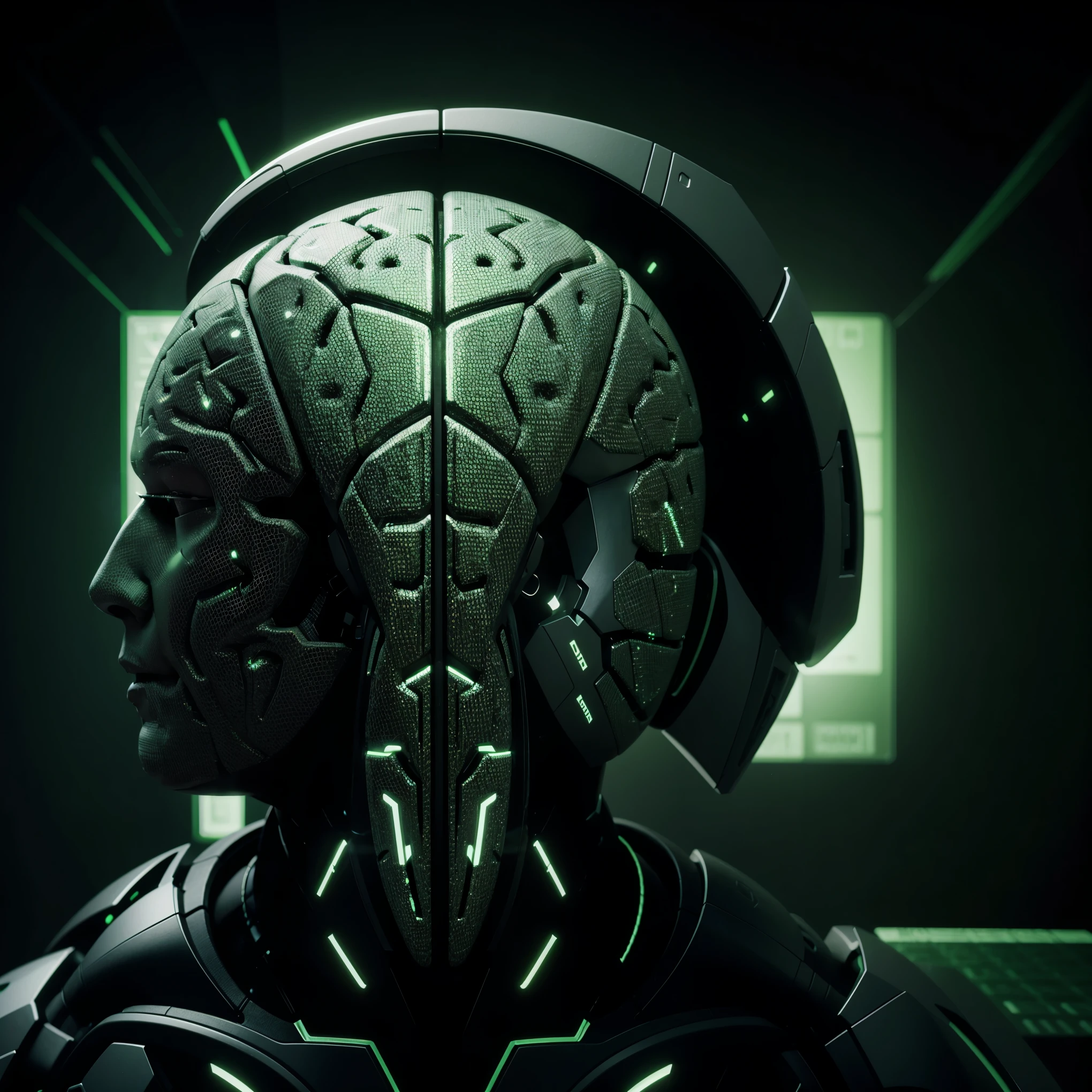 digital brain. Green matrix background. side view. 3d rendering. Artificial Intelligence Concept
