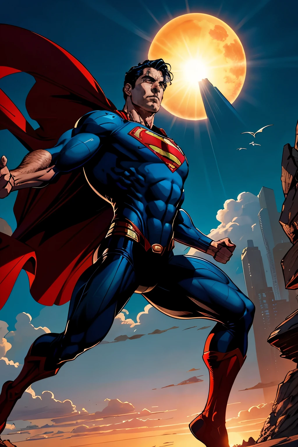 In the captivating expanse of a twilight sky, Superman gracefully soars, his superheroic figure embodied with the allure of colorized art. His flying cape billows behind him, painted in a radiant shade of blue, while his red, capeless chest emanates a profound sense of strength and power in dark blue and bronze hues. Marc Silvestri's inimitable style enhances the undefined anatomy of the Man of Steel, using strategic foreshortening techniques to showcase intensity and movement, as the sun's last rays cast elongated shadows over his heroic form. Close-up intensity amplifies the texture and detail, making every cre