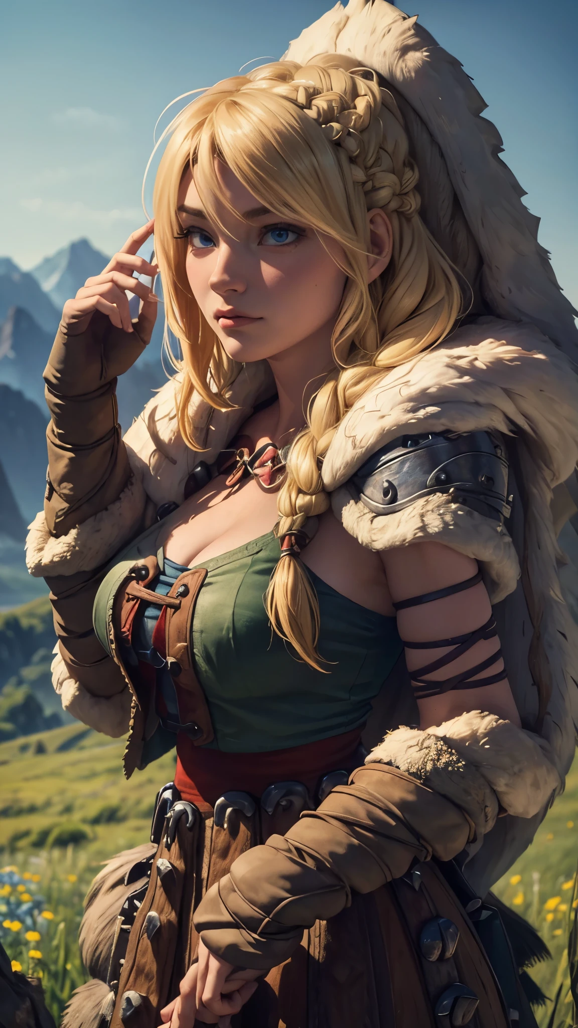 cleavage,(best quality,4k,8k,highres,masterpiece:1.2),ultra-detailed,(realistic,photorealistic,photo-realistic:1.37),long, wavy blonde hair, strikingly beautiful face with bright blue eyes, delicate eyebrows, high cheekbones, button nose, full and rosy lips, slender and athletic built, wearing a Viking-inspired outfit with a leather vest, fur-lined cape, and a long skirt, holding a dragon-themed staff with intricate carvings, standing confidently with one foot forward and a determined expression, surrounded by a stunning landscape of lush green meadows, towering mountains, and a clear blue sky, sunlight casting a warm golden glow on Astrid and the surroundings, capturing the adventurous spirit and strength of Astrid as she looks towards the horizon, ready to embark on a new dragon-training journey.