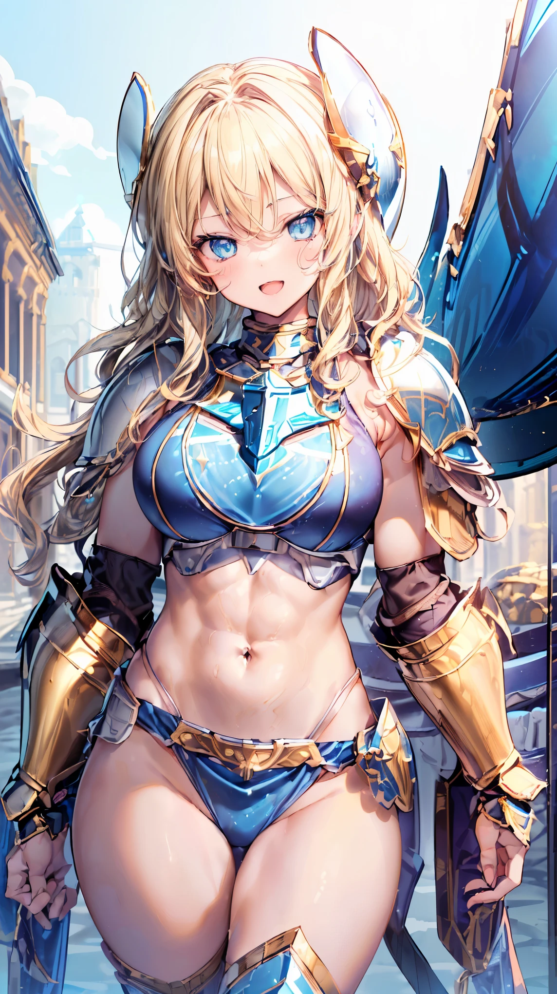 Very detailed、highest quality、Best image quality、(masterpiece:1.5)、8k、Anime Face、A kind smile、Open Mouth、(Beautiful bright blue eyes:1.5)、(Blonde wavy hair:1.5)、Muscles of the whole body、(Thigh belt:1.3)、(She is wearing bikini armor with gold armor and white fabric.:1.5)、(Cowboy Shot:1.6)、(Wearing a helmet:1.5)、(With Lance:1.5)、Warm lighting