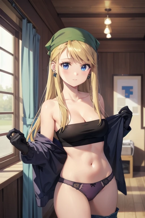 (((Pixel Perfect, Perfect detail))), ((alone, 1 girl)), winry rockbell, blue eyes, blonde hair, gloves, navel, cleavage, cleavage, bare shoulders, collarbone, earrings, midriff, pants, stomach, bare arms, strapless, bandana, bandeau, tube top, grey gloves, (showing panties:1.3), ((showing panties)), upper body, indoor