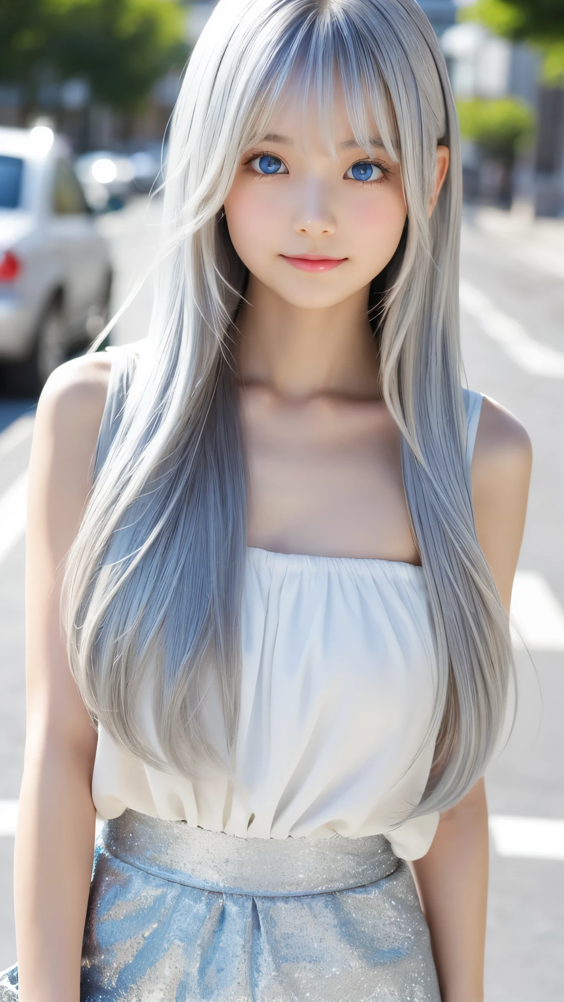 Shining, clear, white skin、Her windblown silver hair hides her beautiful face.、huge、28 years old cute sexy little beautiful face、Beautiful straight hair that stands out、growing up, Sparkling light blue eyes、long silky bangs that cover cute eyes, Sexy and cute young woman with super long hair hiding her sexy face、Shining silver hair