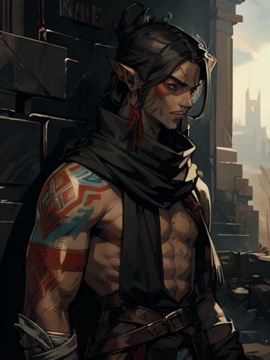 Concept ART, Human Male Young ager , pointer Elf ears,face Tattoo , blue pupils  ,Black hair , red Torn Scarf , Bandage ,Ancient dark magic , Handsome guy , poses