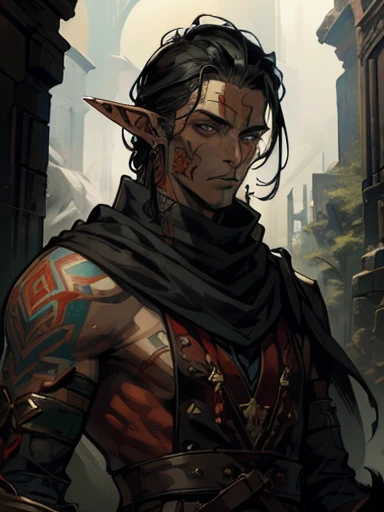 Concept ART, Human Male Young ager , pointer Elf ears,face Tattoo , blue pupils  ,Black hair , red Torn Scarf , Bandage ,Ancient dark magic , Handsome guy , poses