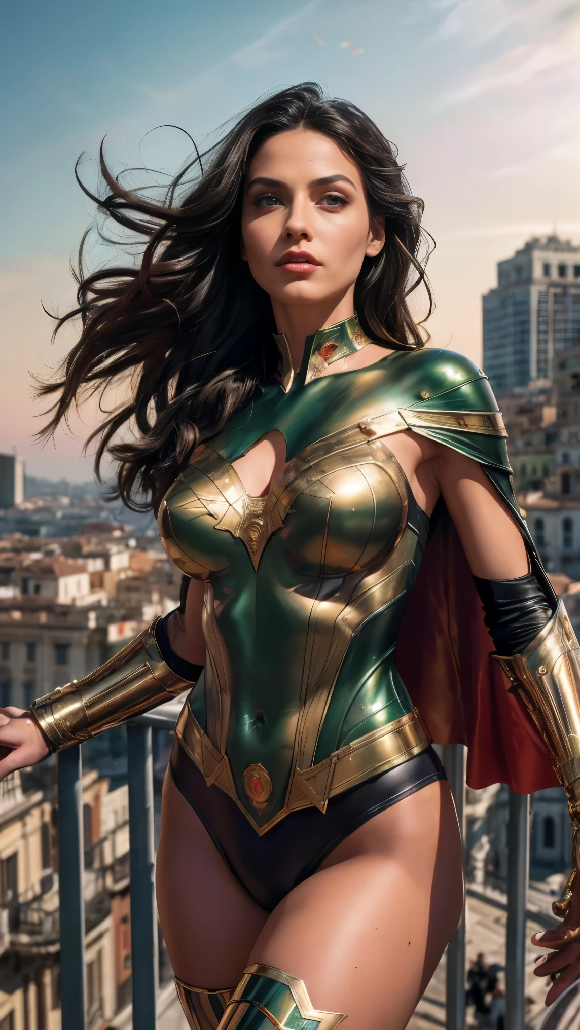 (best quality,4k,8k,highres,masterpiece:1.2),ultra-detailed,(realistic,photorealistic,photo-realistic:1.37),Sexy Italian super heroine,beautiful detailed eyes,beautiful detailed lips,extremely detailed eyes and face,longeyelashes,fit and athletic body,confident and charismatic appearance,Italian flag inspired costume,striking red and green color scheme,leather texture,shiny metallic elements,swooshing cape in motion,dynamic action pose,fierce and determined expression,cityscape background with iconic landmarks of Italy,sunlit golden hour lighting,contrasting shadows and highlights,dramatic atmospheric perspective,comic book style art with vibrant color gradation,marvelous dynamic linework,stylish and chic fashion influences,romantic and passionate vibe,charming and captivating composition,rich and vivid color palette,attention-grabbing visual impact,remarkable attention to detail,exquisite artistry and craftsmanship. (Ancient Roman theme)