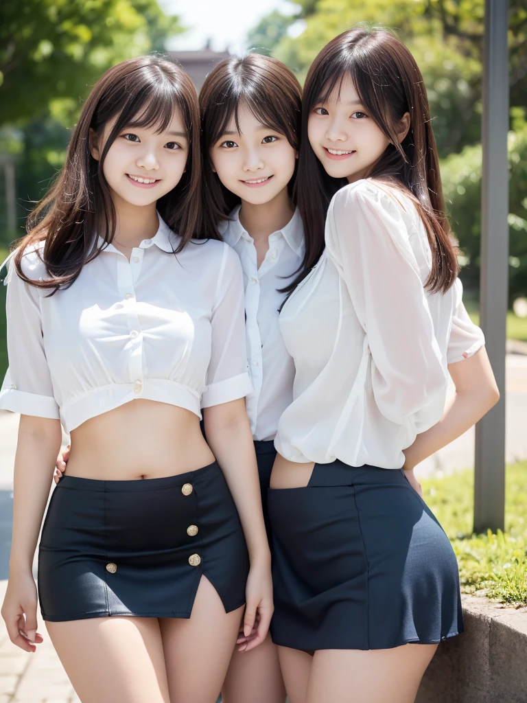 Representative works,highest quality,(Cute 10 year old Japanese sister:1.9),(The face of a very young woman:1.9),(Very embarrassed look:1.9),(Thin legs:1.9),(White buttoned blouse and mini skirt:1.9),(Small Ass,Narrow waist:1.9),((Droopy eyes:1.9)),((Outdoor)),((Inner thighs,Leaner figure,Large Breasts:1.9)),(Random smooth straight hair:1.9),((The whole body is thin,Thin legs)),Very white skin,bangs,Detailed Body,Fine hand,No makeup,(smile:1.3),Three young women:1.2,((perfect mini skirt)),very young:1.3,I can see my belly button,Small woman