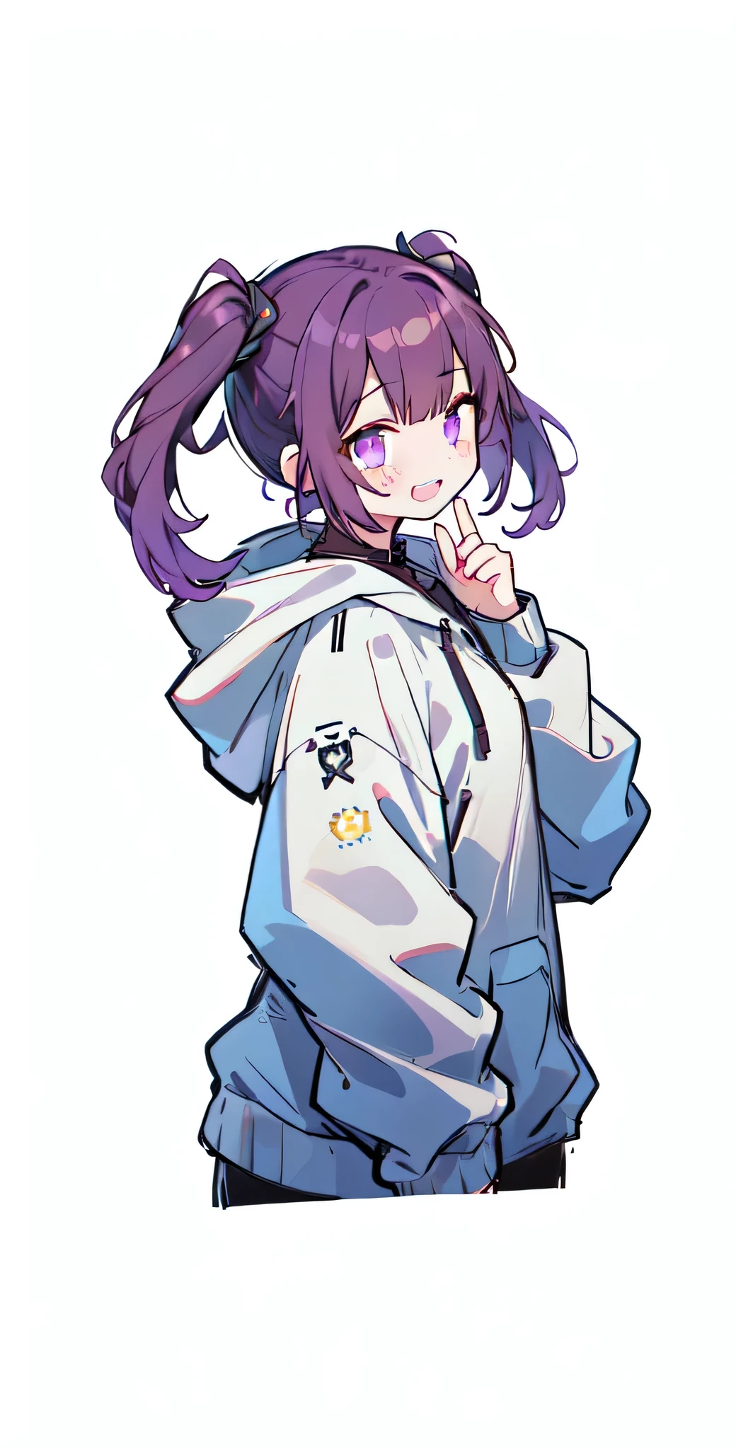 One Girl、((Esbian all over、Character portrait:1.2)), highest quality、On the table、Twin tails、Purple Hair,,Green Punk Jacket、White background,Punk Style,((Dark brown hair)),Facial Expressions Leschina,Cyberpunk characters,((Very long hair))laughing