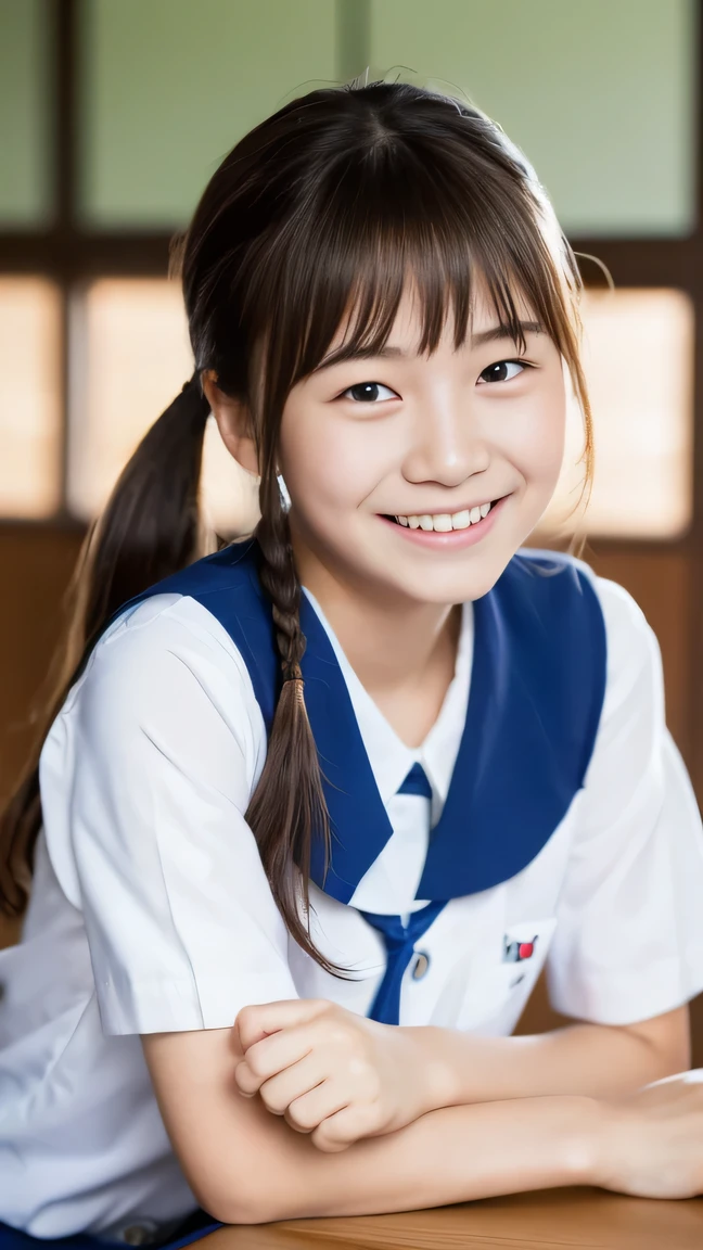 Lens 135mm f1.8, (highest quality),(RAW photo), , (Beautiful 15 year old Japanese girl), cute face, (deeply carved face:0.7), (freckles:0.6), , (japanese school uniform), (inside the school in the classroom), shy, twintails, (cowboy shots of:1.2), (embarrassed smile),, (sparkling eyes)、, (Arms down at sides),
