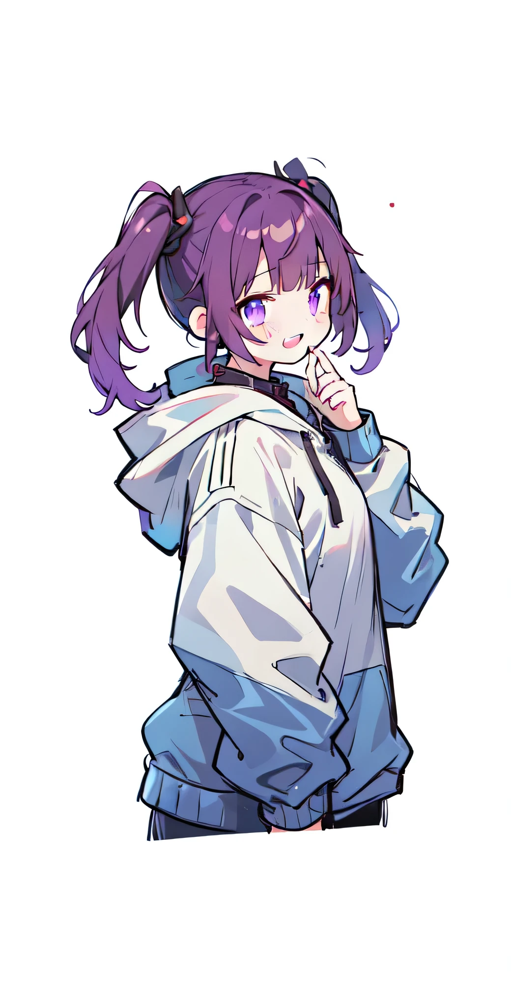 One Girl、((Esbian all over、Character portrait:1.2)), highest quality、On the table、Twin tails、Purple Hair,,Green Punk Jacket、White background,Punk Style,((Dark brown hair)),Facial Expressions Leschina,Cyberpunk characters,((Very long hair))laughing