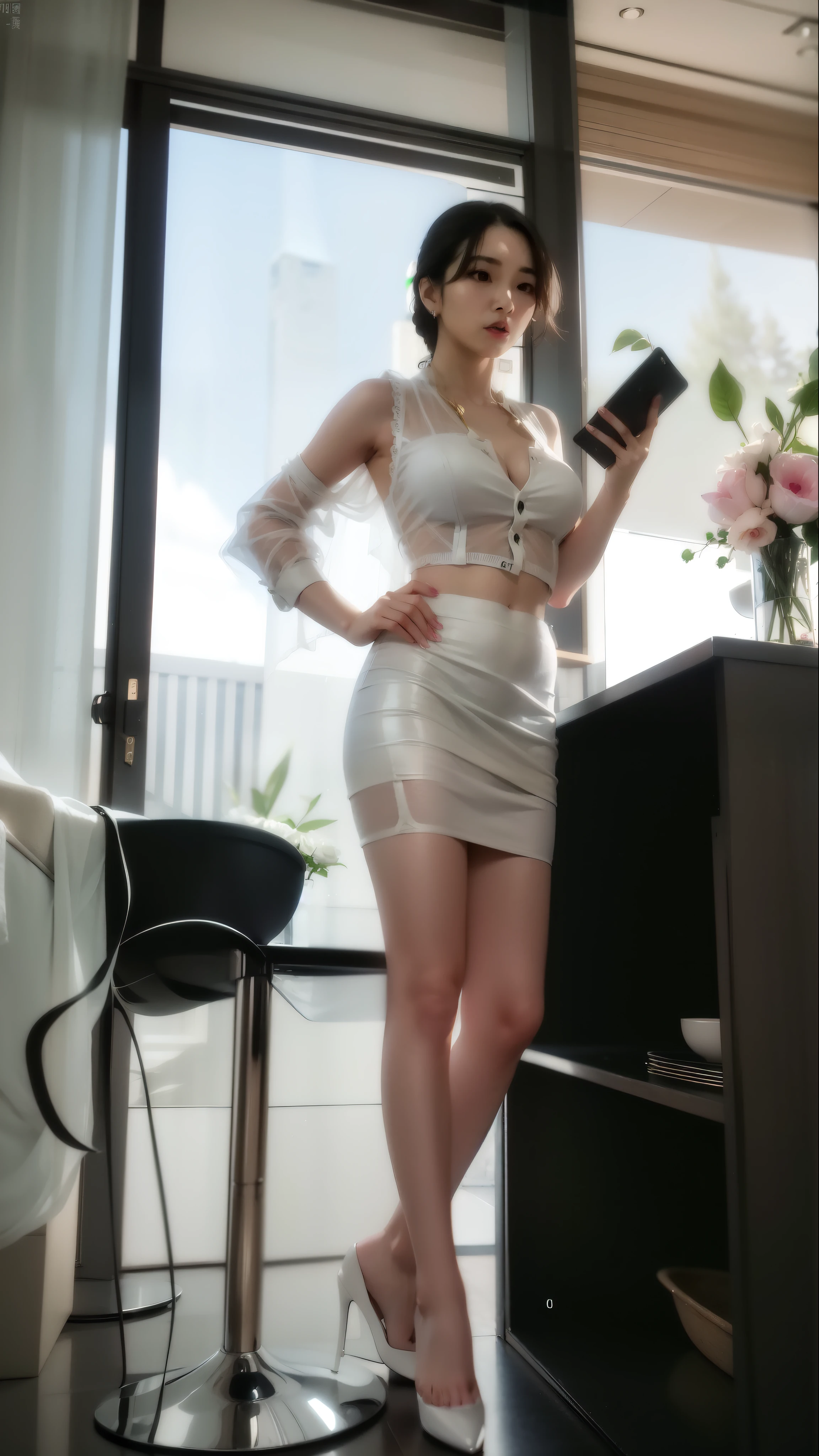 Height 180CM, Yang Mi's side face temperament, hair curled up, Big breasts, Clear skin, prominent figure, White silk blouse, Hip skirt