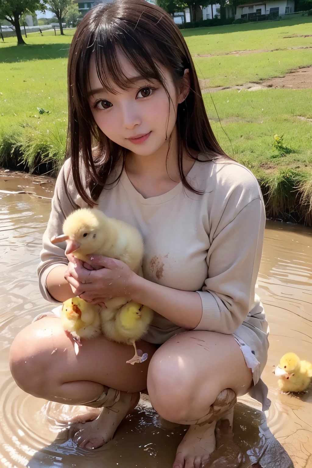 ((A beautiful Han Ju-ri)), holding, ((adorable baby chicks)), in ((muddy and soft terrain))